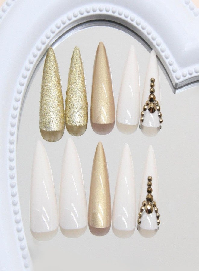 Maigitur Gold Press on Nails Long Stiletto Fake Nails with Design Golden Glitter Glue on Nails Rhinestone Fake Nails Glossy Reusable Artificial Gold Nails for Women Girls Manicure 24pcs - Image 4